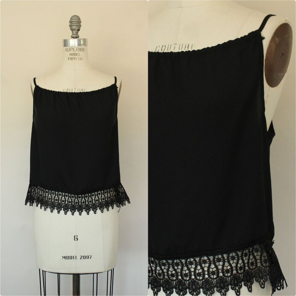 Oboe Womens Top, Black Spaghetti Strap, Size Large, Lace Trim